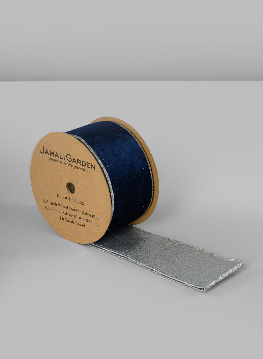 2 1/2in Wired Double Sided Blue Velvet and Silver Glitter Ribbon Decor Jamaligarden
