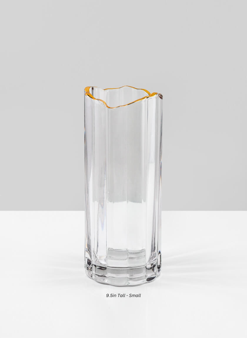 Waves Gold Rim Faceted Vase Decor Jamaligarden Clear/Gold 9.5in Tall - Small EACH
