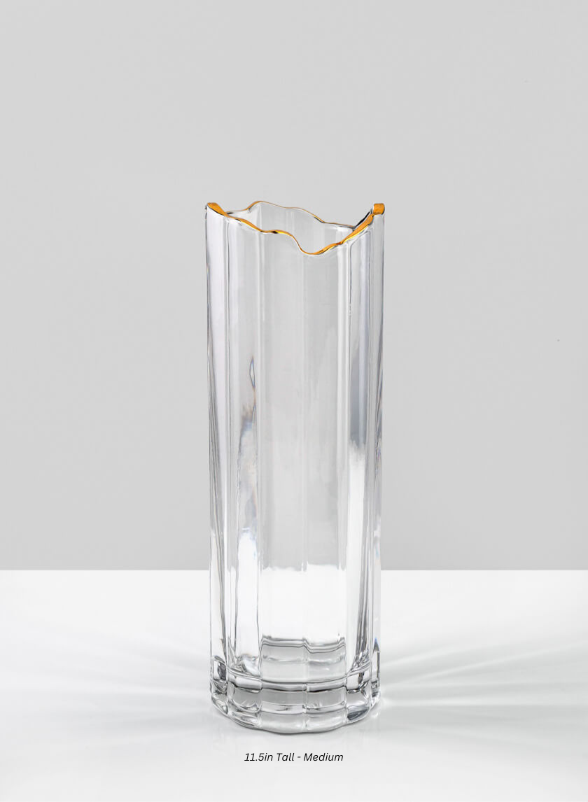 Waves Gold Rim Faceted Vase Decor Jamaligarden Clear/Gold 11.5in Tall - Medium EACH
