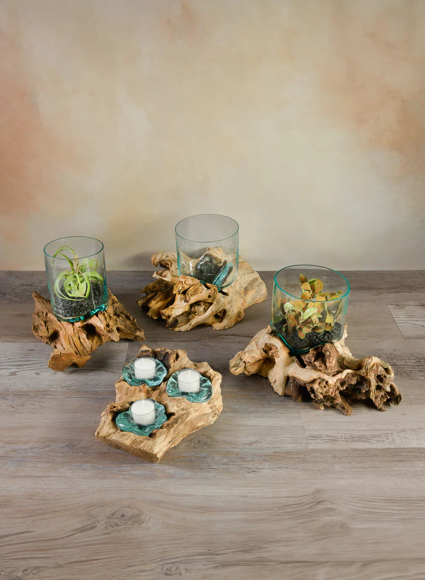 Jakarta Teak Stump With Glass Cylinder, Small Decor Jamaligarden