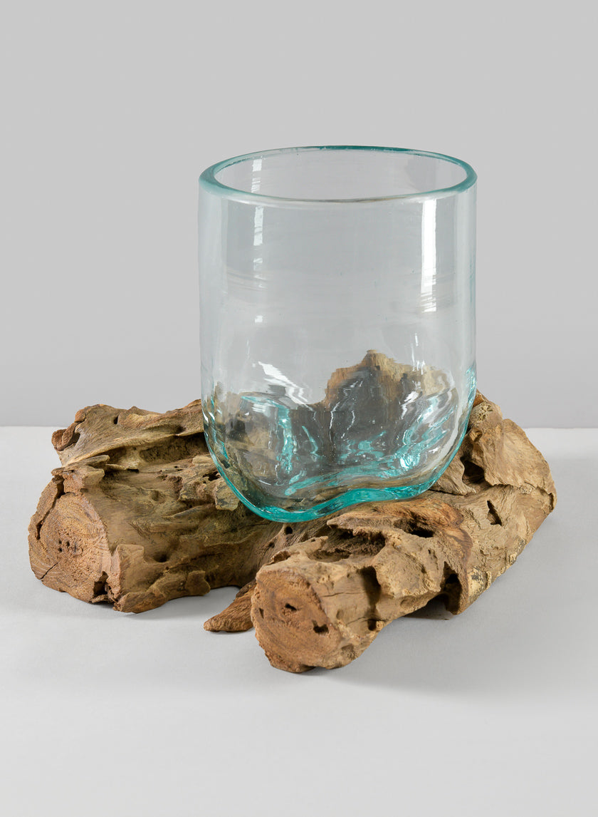 Jakarta Teak Stump With Glass Cylinder, Large Decor Jamaligarden