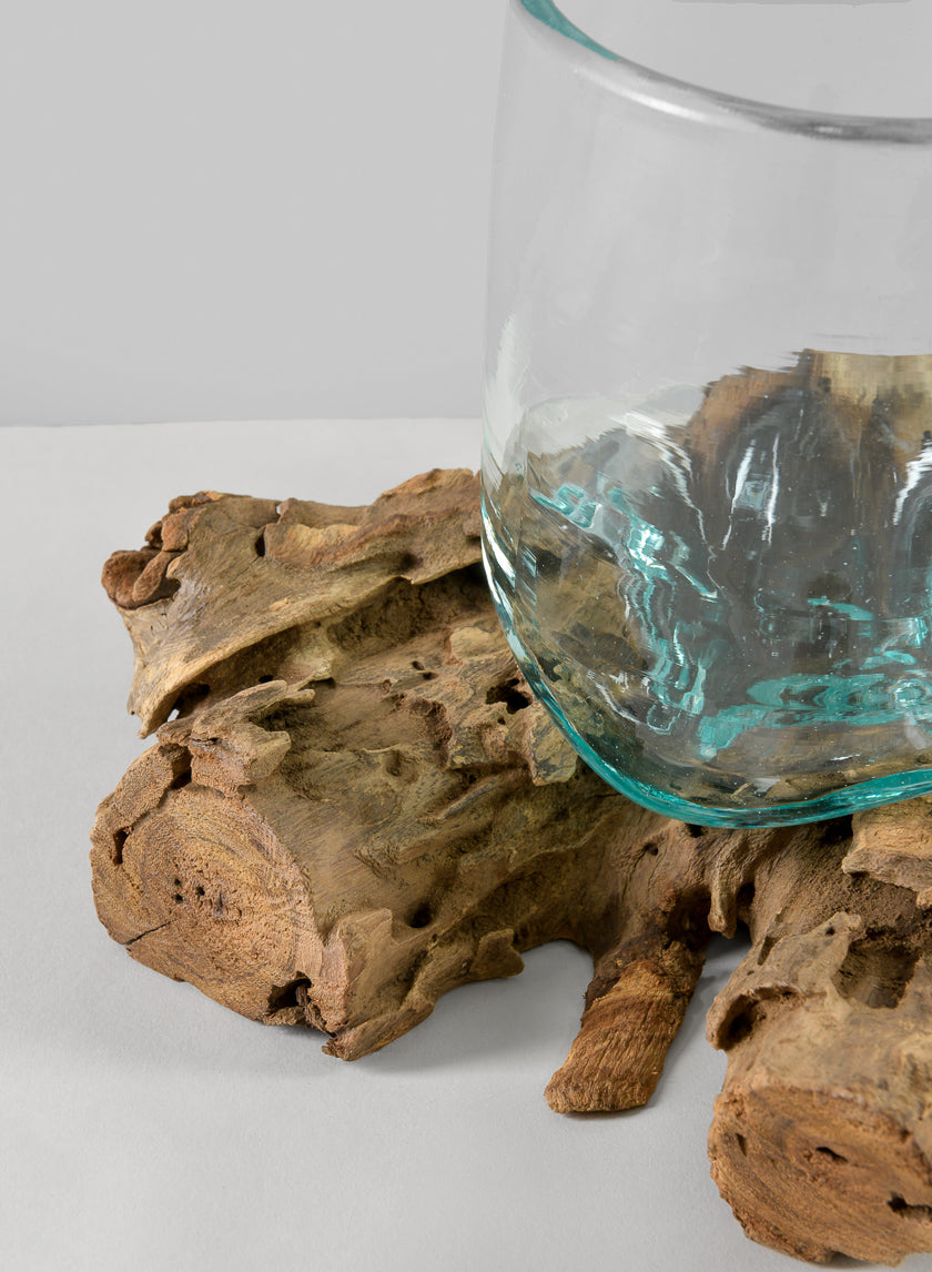 Jakarta Teak Stump With Glass Cylinder, Large Decor Jamaligarden