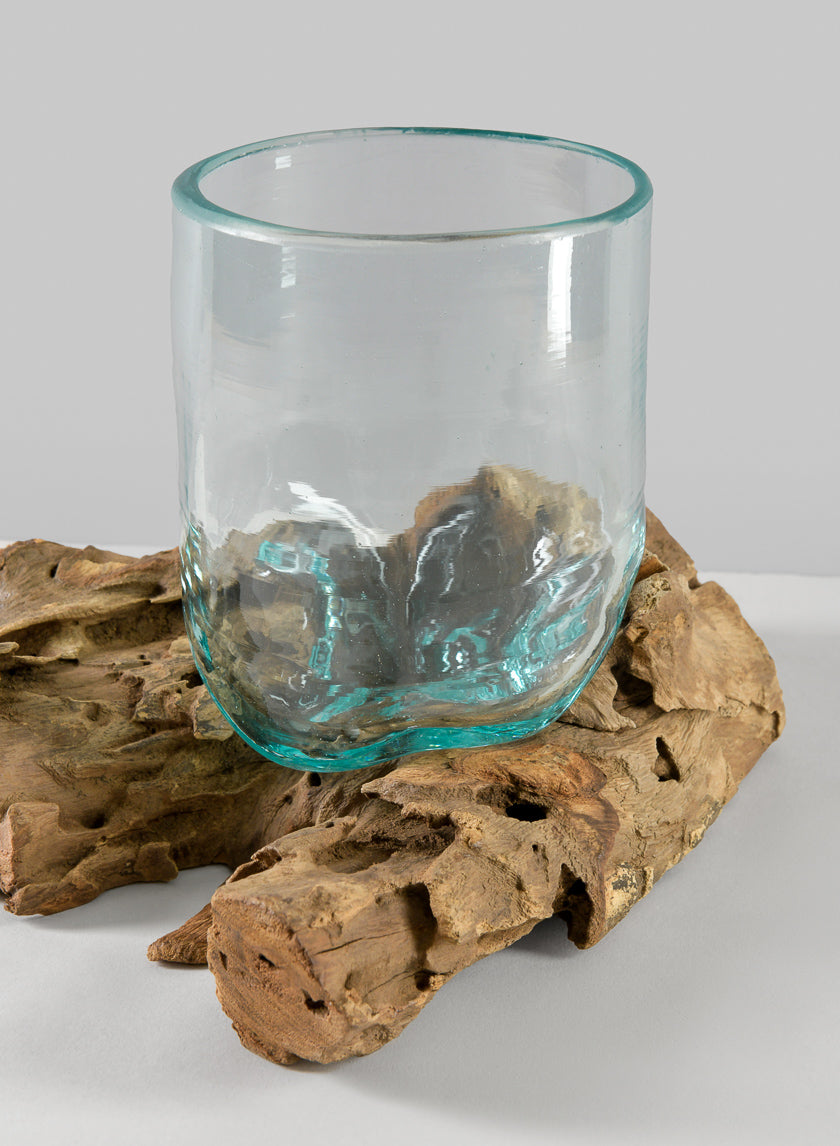 Jakarta Teak Stump With Glass Cylinder, Large Decor Jamaligarden