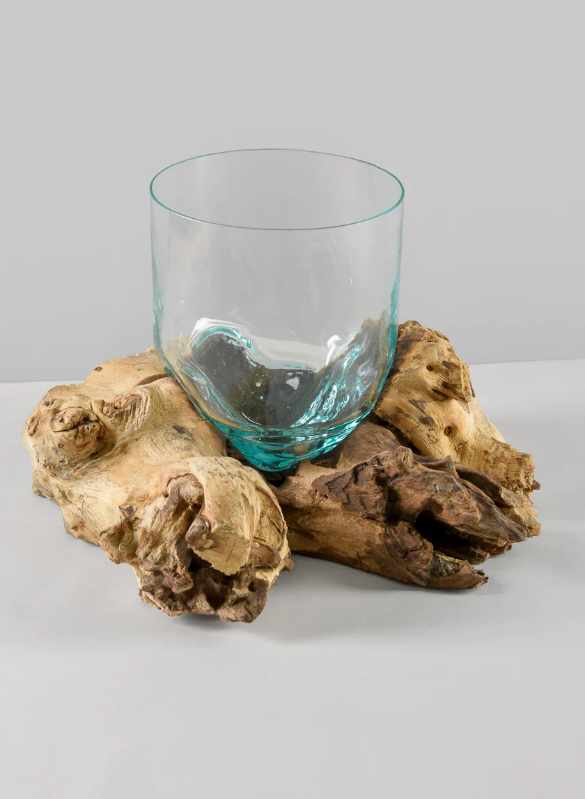 Jakarta Teak Stump With Glass Cylinder, Small Decor Jamaligarden