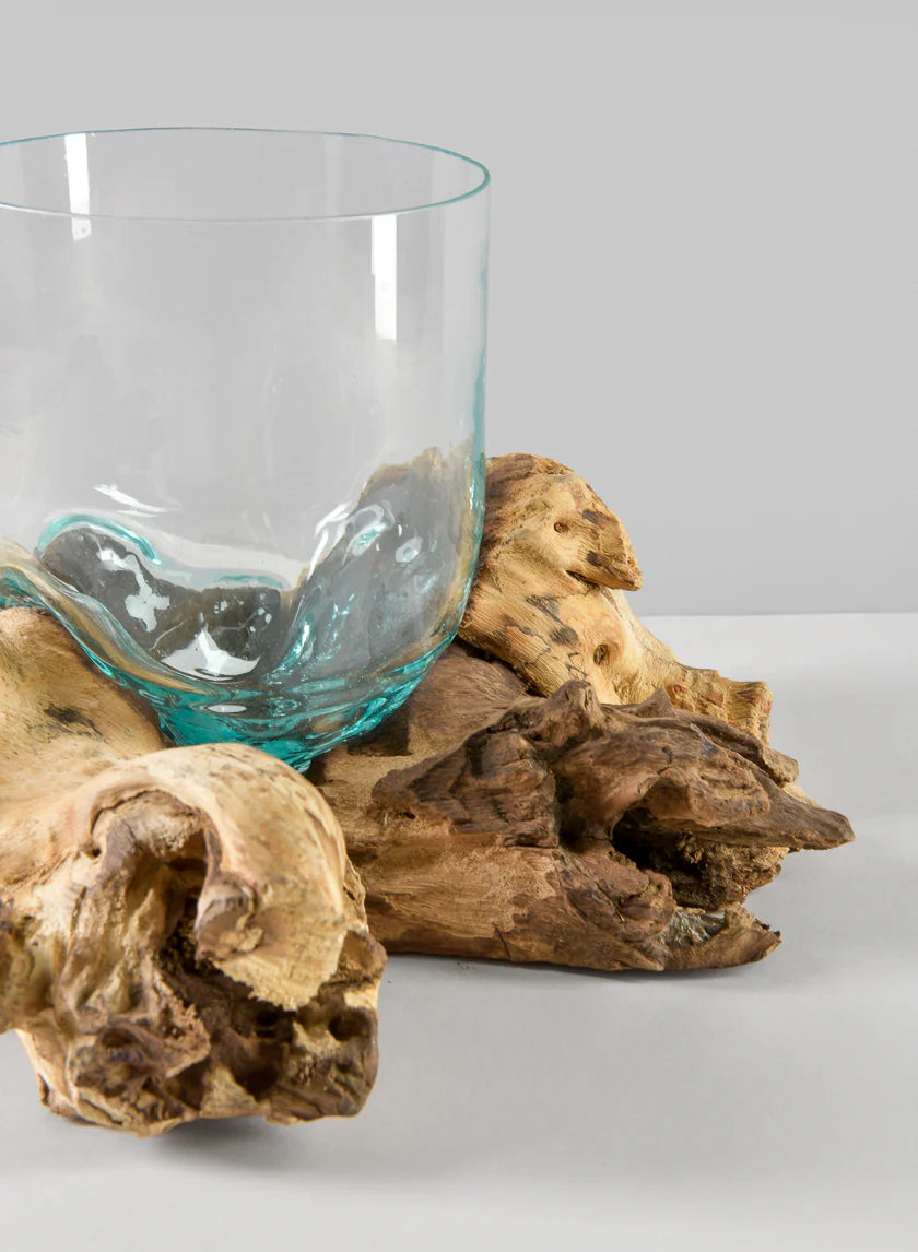 Jakarta Teak Stump With Glass Cylinder, Small Decor Jamaligarden