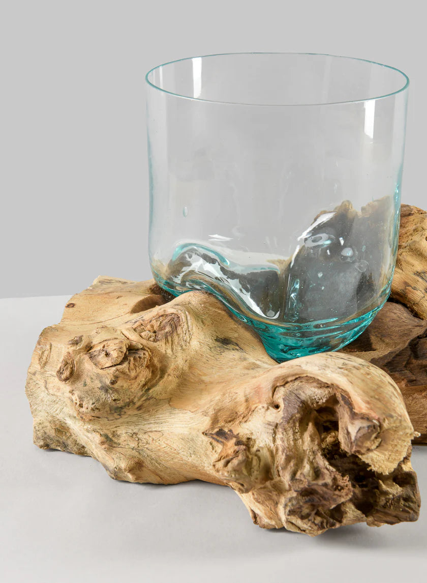 Jakarta Teak Stump With Glass Cylinder, Small Decor Jamaligarden
