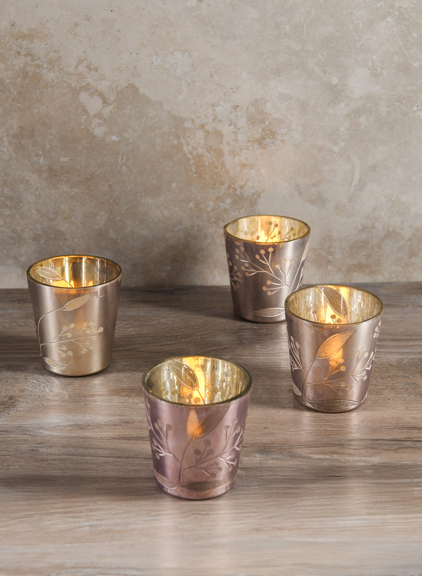 2.5in Tall Elizha Etched Leaf Burned Silver Votive Candleholder Decor Jamaligarden