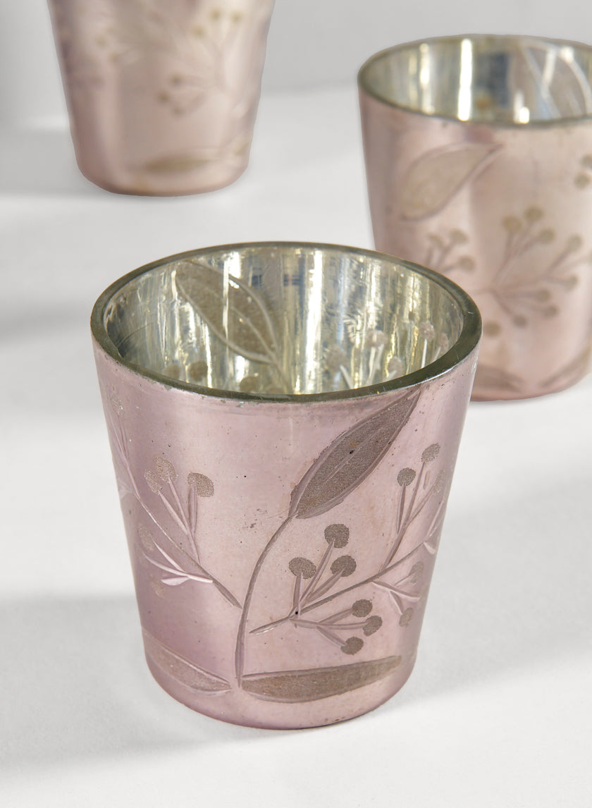 2.5in Tall Elizha Etched Leaf Burned Silver Votive Candleholder Decor Jamaligarden