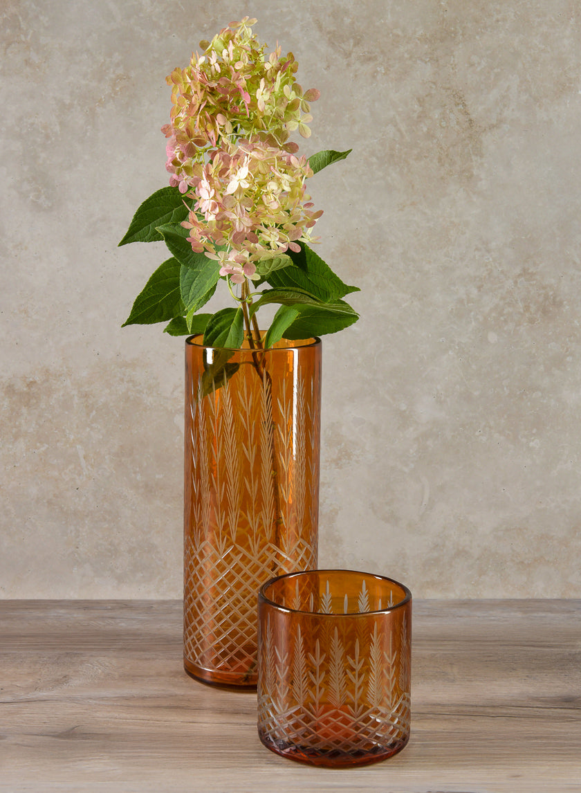 10in Tall Almira Palm Amber Cut Work Cylinder Glass Vase Decor Jamaligarden