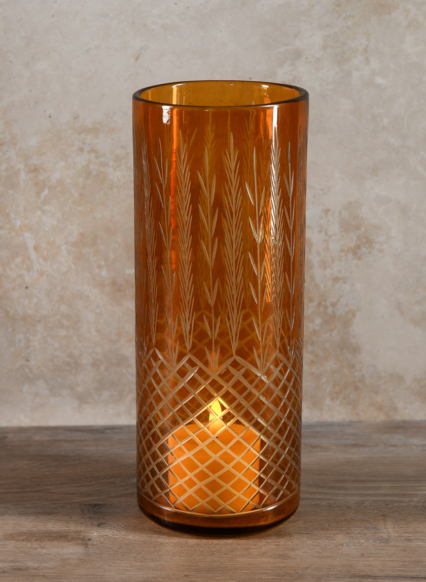 10in Tall Almira Palm Amber Cut Work Cylinder Glass Vase Decor Jamaligarden