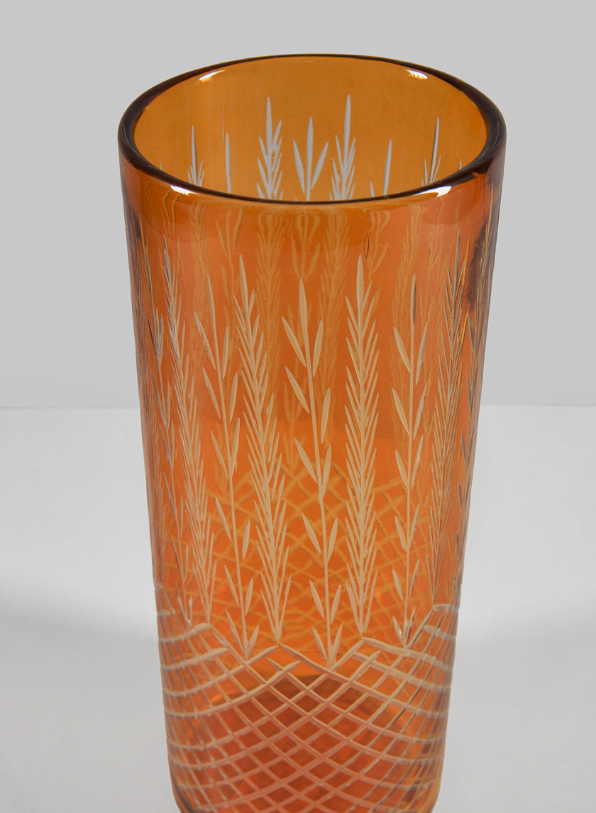 10in Tall Almira Palm Amber Cut Work Cylinder Glass Vase Decor Jamaligarden