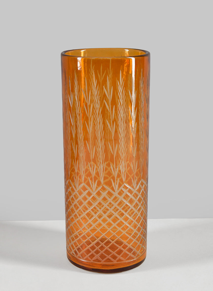 10in Tall Almira Palm Amber Cut Work Cylinder Glass Vase Decor Jamaligarden
