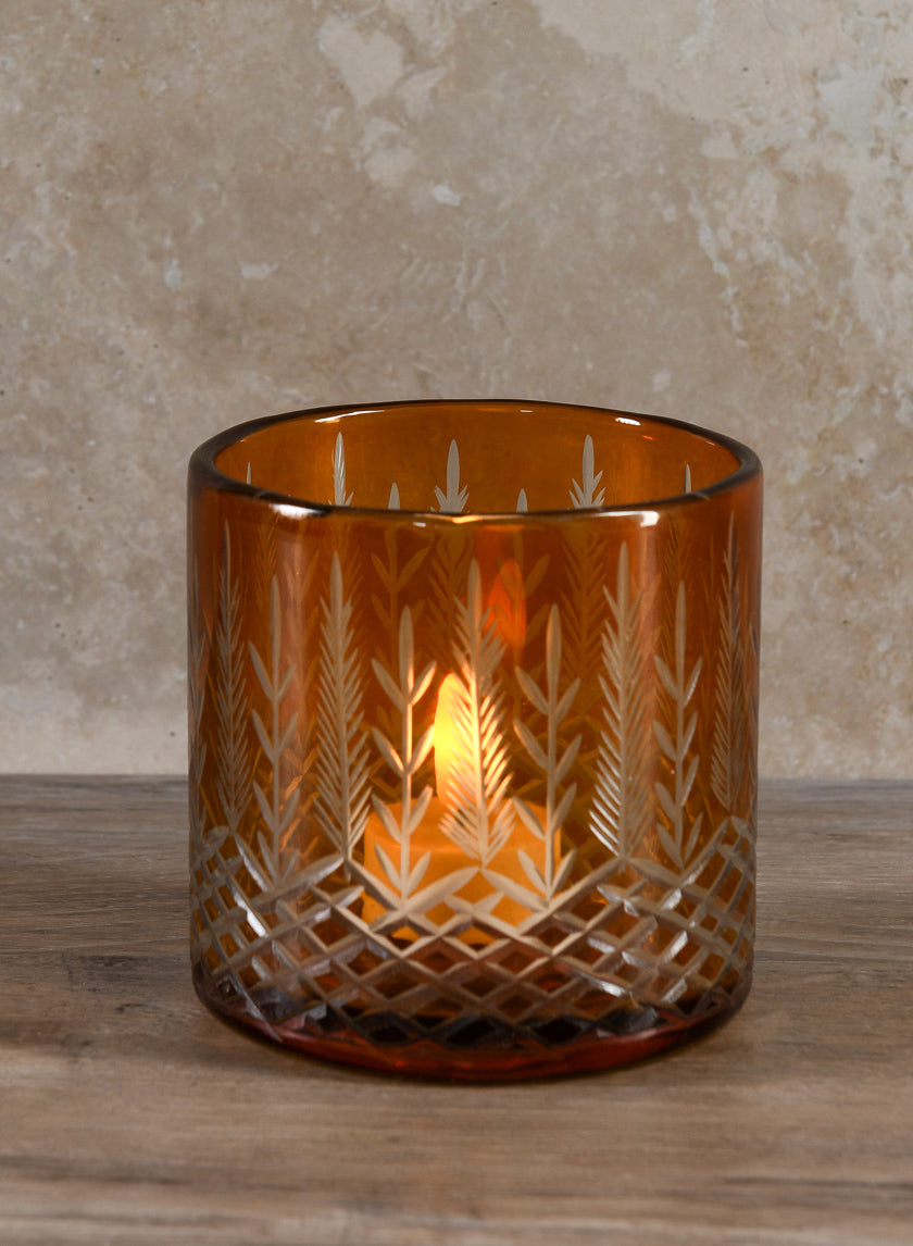 4in Tall Almira Palm Amber Cut Work Cylinder Glass Candleholder Decor Jamaligarden