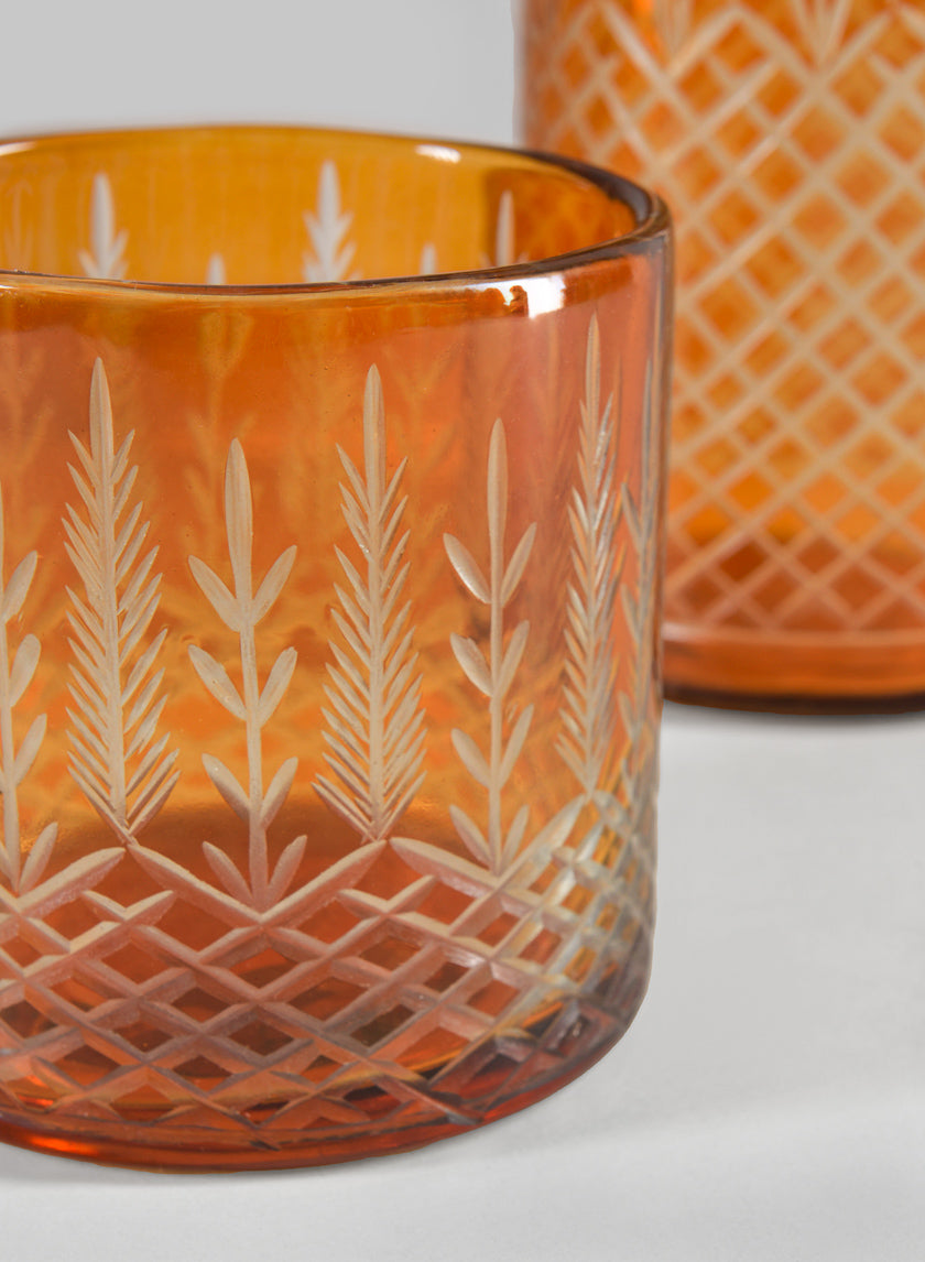 4in Tall Almira Palm Amber Cut Work Cylinder Glass Candleholder Decor Jamaligarden