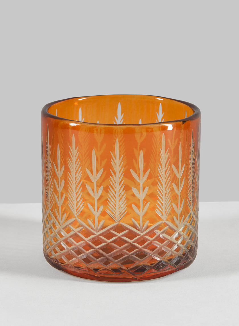 4in Tall Almira Palm Amber Cut Work Cylinder Glass Candleholder Decor Jamaligarden