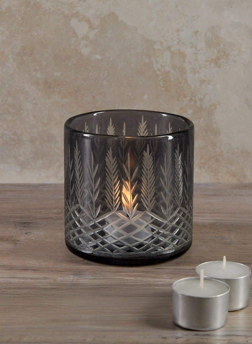 4in Tall Almira Palm Smoke Gray Cut Work Cylinder Glass Candleholder Decor Jamaligarden