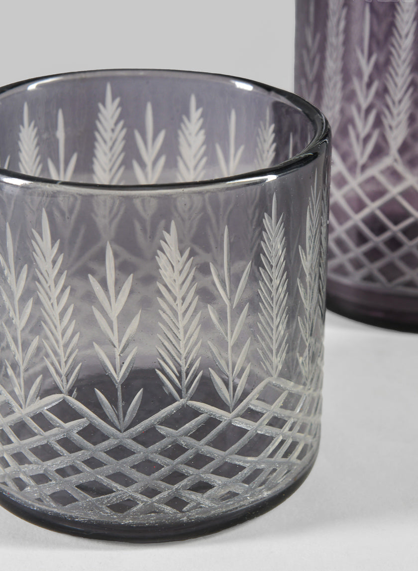 4in Tall Almira Palm Smoke Gray Cut Work Cylinder Glass Candleholder Decor Jamaligarden