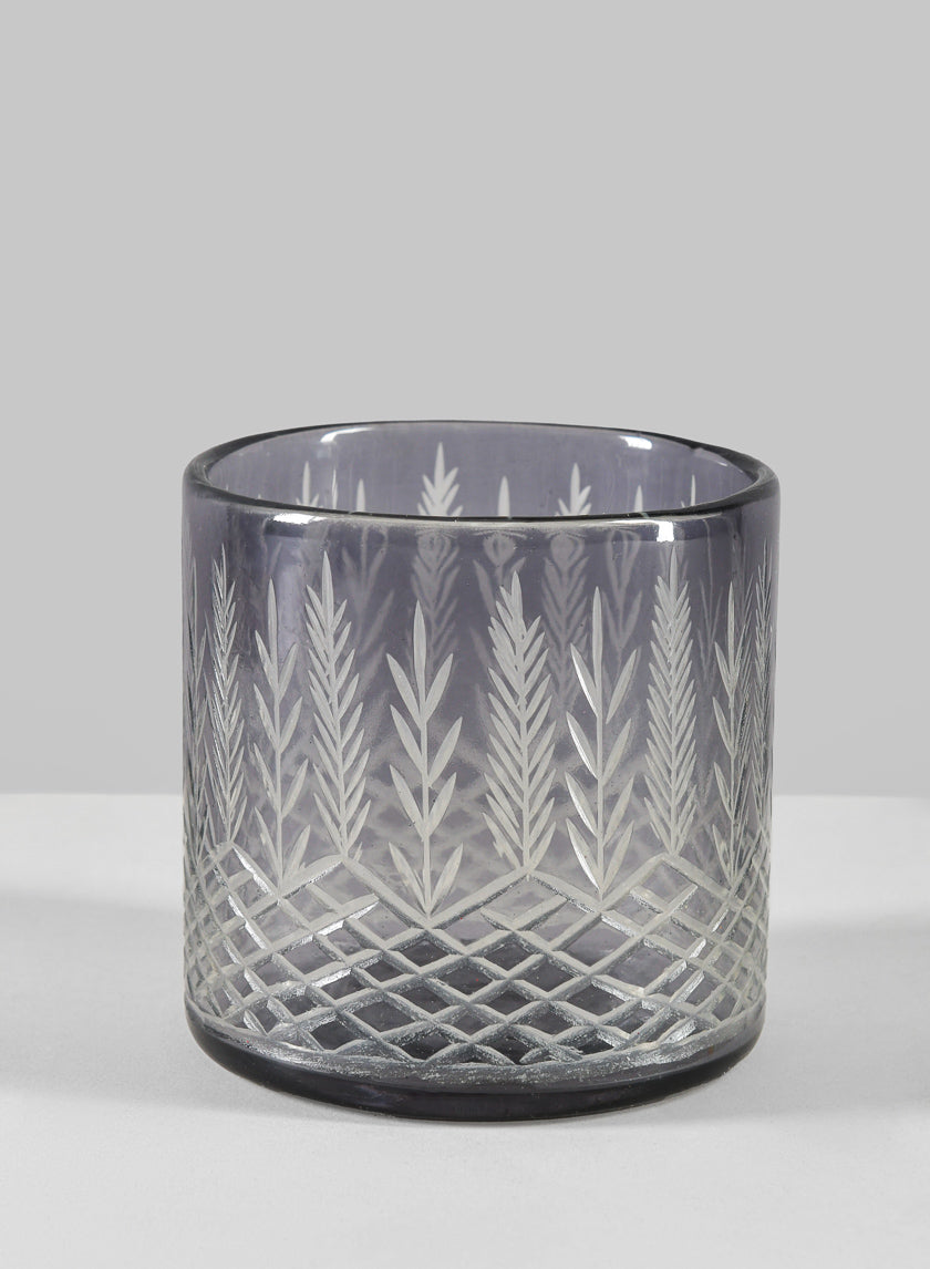 4in Tall Almira Palm Smoke Gray Cut Work Cylinder Glass Candleholder Decor Jamaligarden