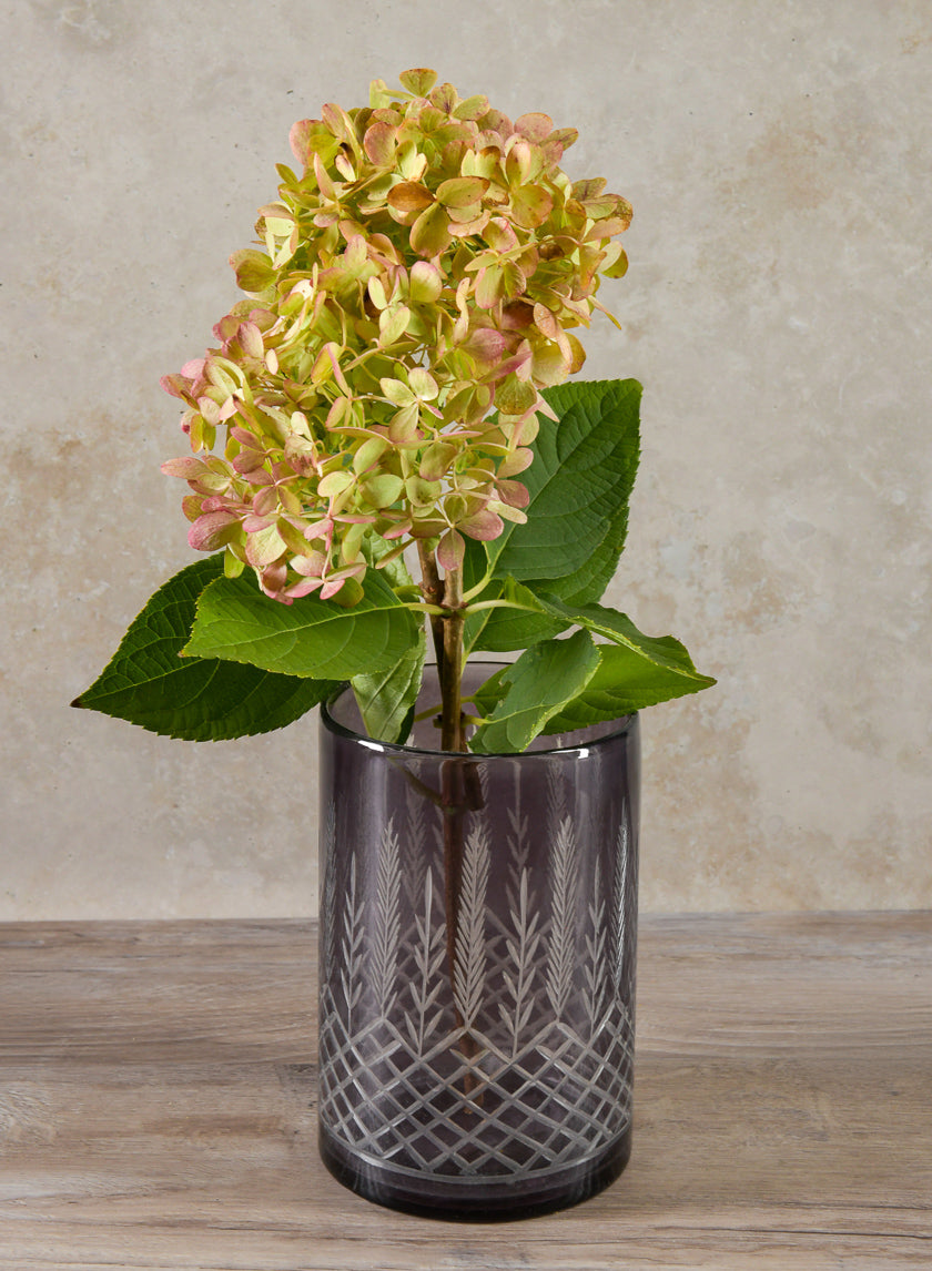 6in Tall Almira Palm Smoke Gray Cut Work Cylinder Glass Vase Decor Jamaligarden