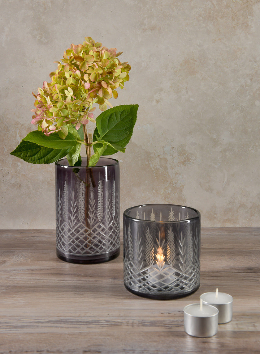 6in Tall Almira Palm Smoke Gray Cut Work Cylinder Glass Vase Decor Jamaligarden