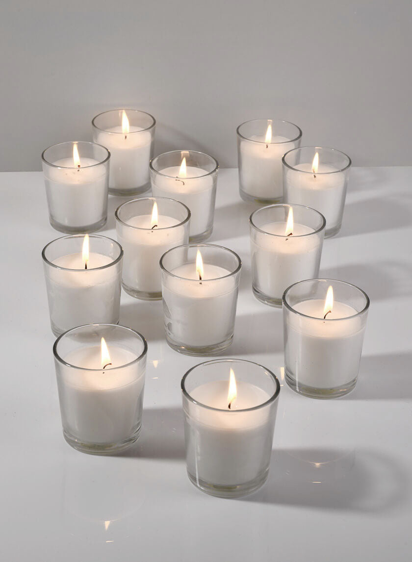 3in Tall White Votives In Clear Glass, 24-Hour Decor Jamaligarden