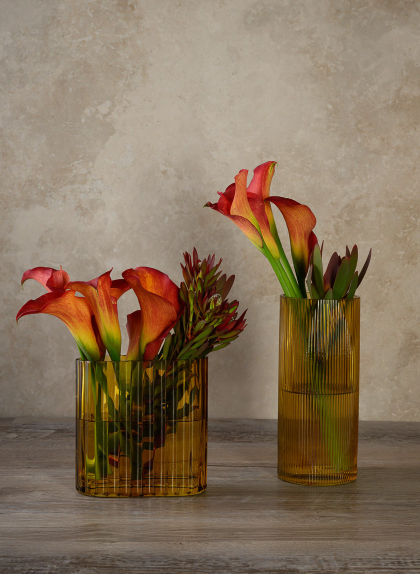 Amber Pleated Glass Cylinder and Oval Vase Decor Jamaligarden