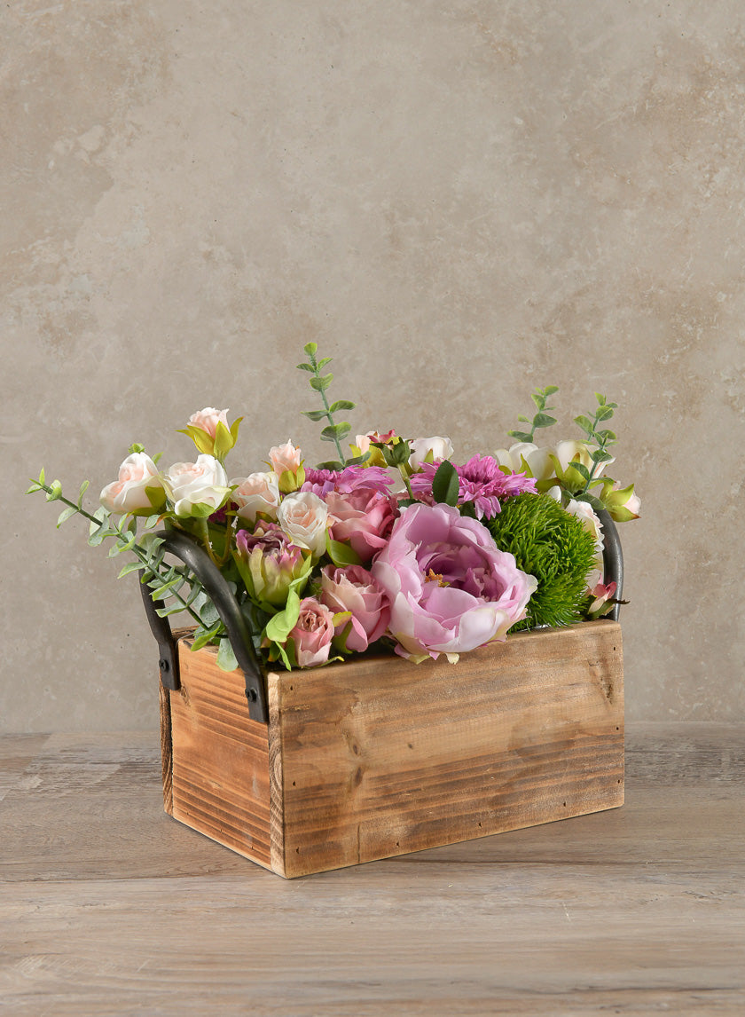 10.5in Long Burnt Wood Display Flower Box with Decorative Handles Decor Jamaligarden