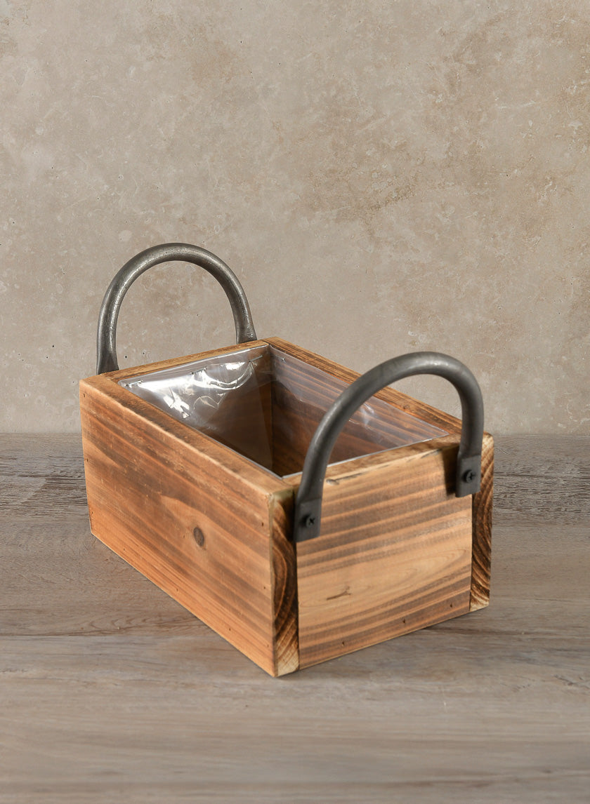 10.5in Long Burnt Wood Display Flower Box with Decorative Handles Decor Jamaligarden