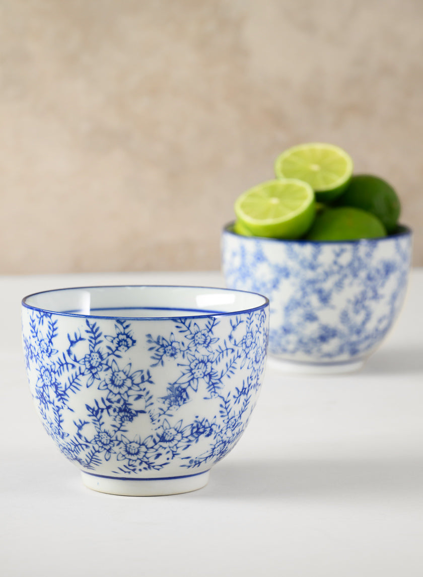 3.25in Tall Qing Dynasty Blue Floral Ceramic Bowls, Set of 2 Decor Jamaligarden