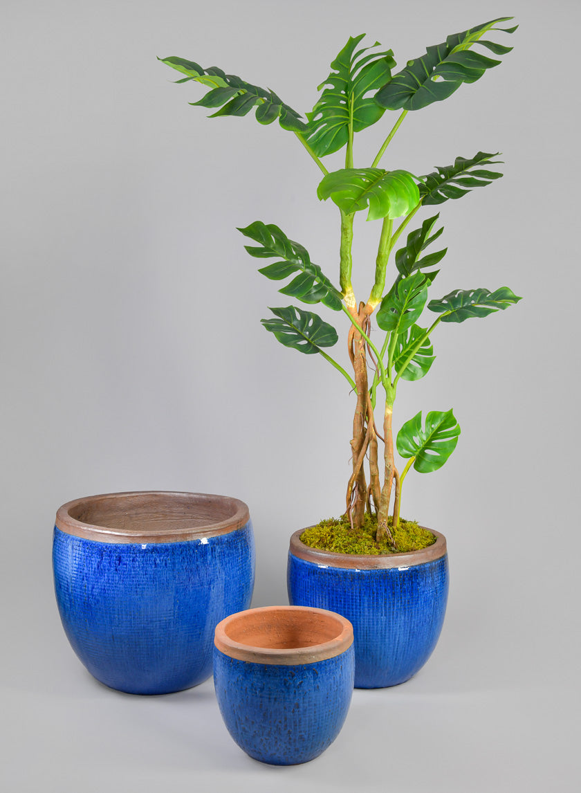 Rimmed Clay &amp; Ceramic Planter Bowl, Santorini Blue Decor Jamaligarden
