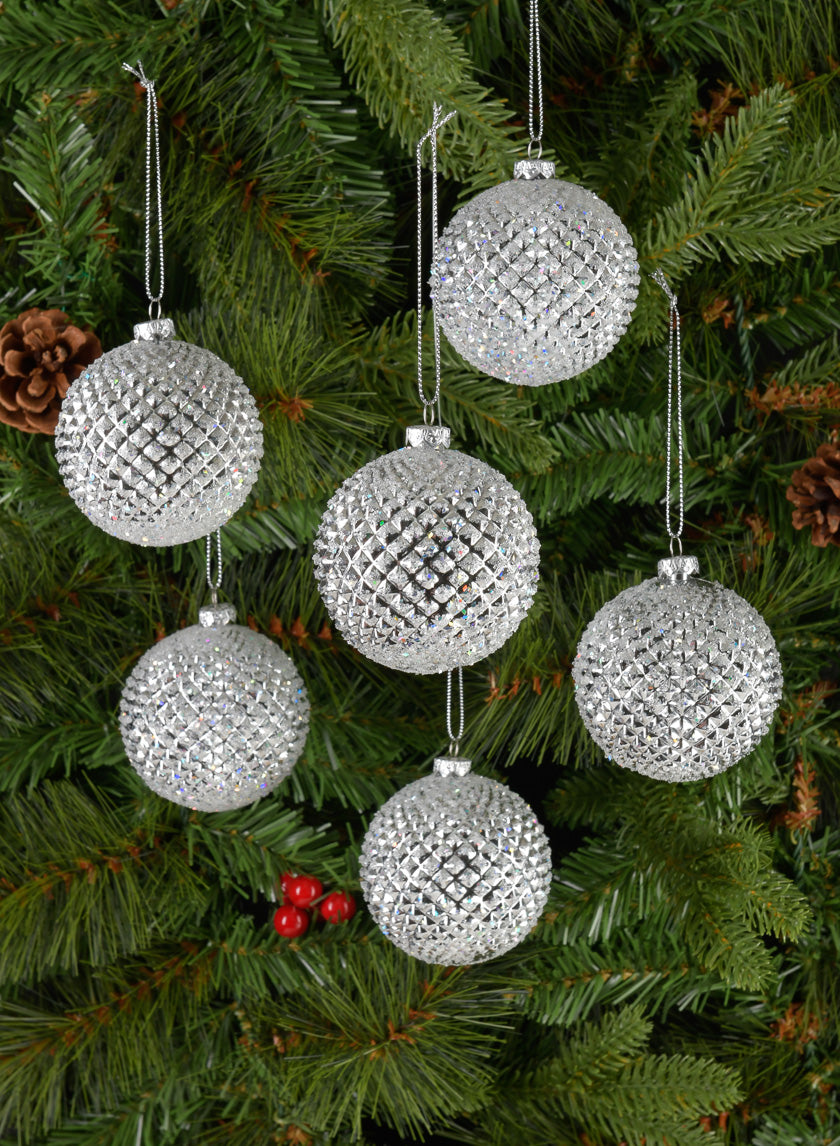3in Round Silver Glitter Durian Ball Ornament Decor Jamaligarden