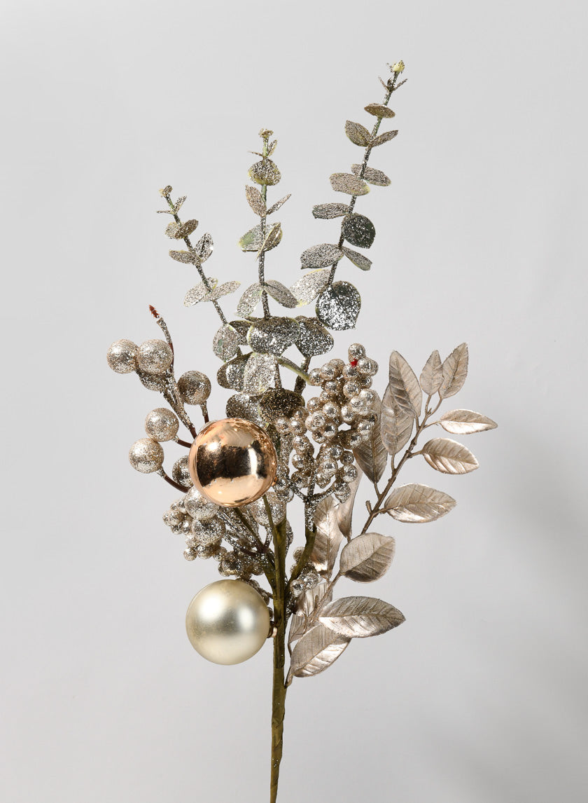 19in Long Champagne Glitter Eucalyptus &amp; Berry Pick, Case of 12 Decor Jamaligarden