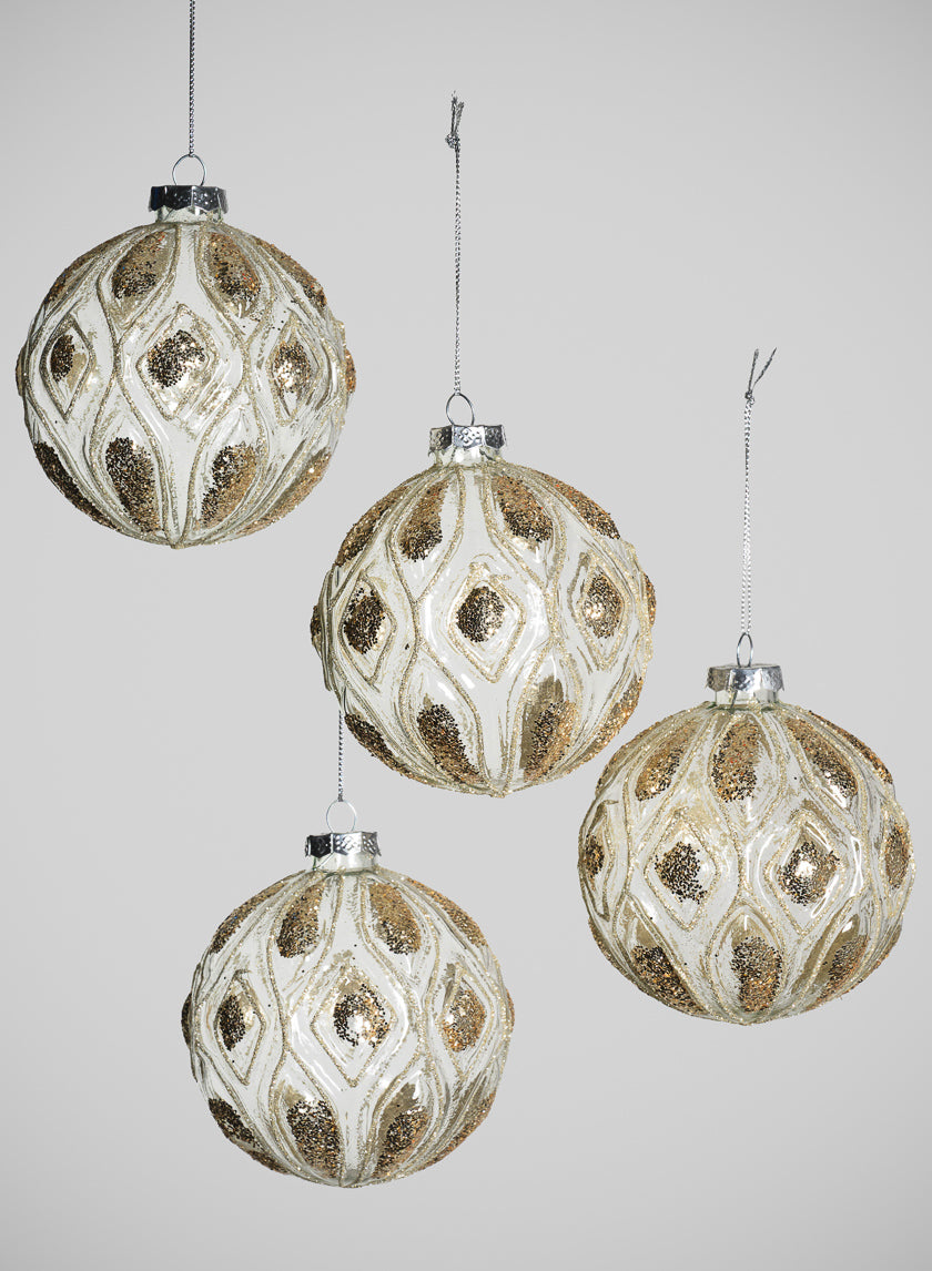 4in Round Royal Gold Glitter Glass Ornament, Set of 4 Decor Jamaligarden