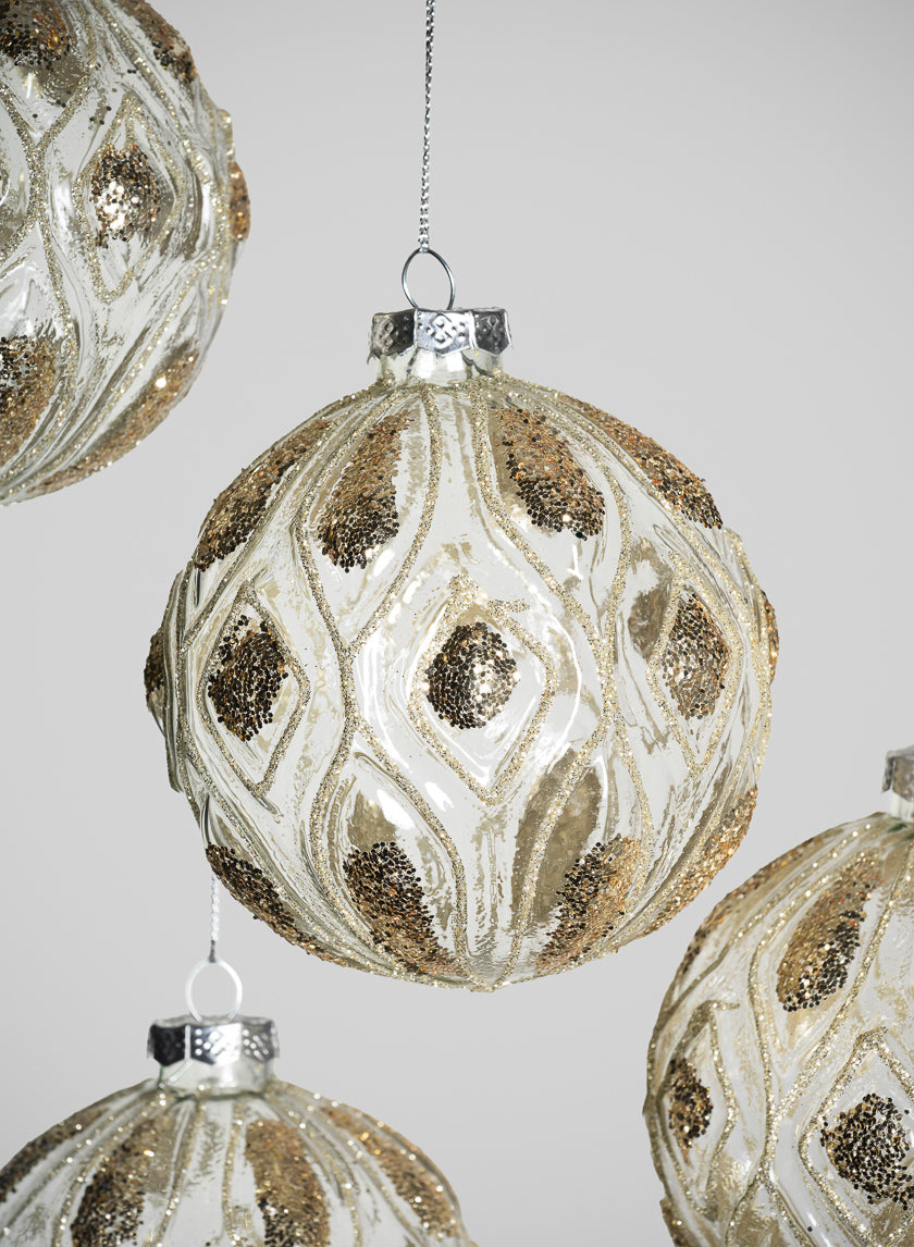 4in Round Royal Gold Glitter Glass Ornament, Set of 4 Decor Jamaligarden