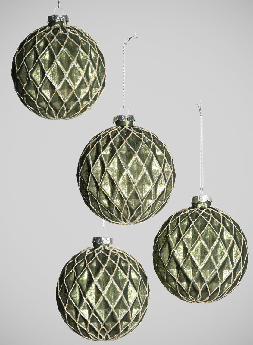 4in Round Gilded Antique Silver Forest Pine Green Glass Ornament, Set of 4 Decor Jamaligarden