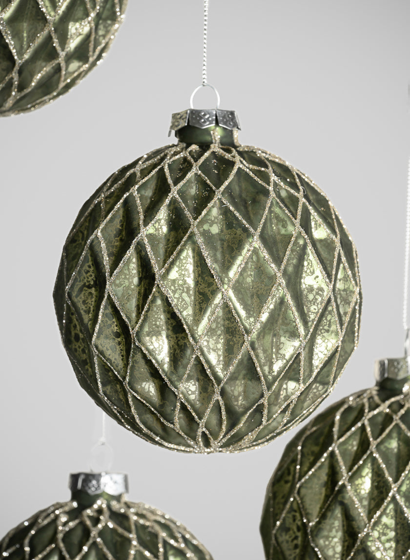 4in Round Gilded Antique Silver Forest Pine Green Glass Ornament, Set of 4 Decor Jamaligarden
