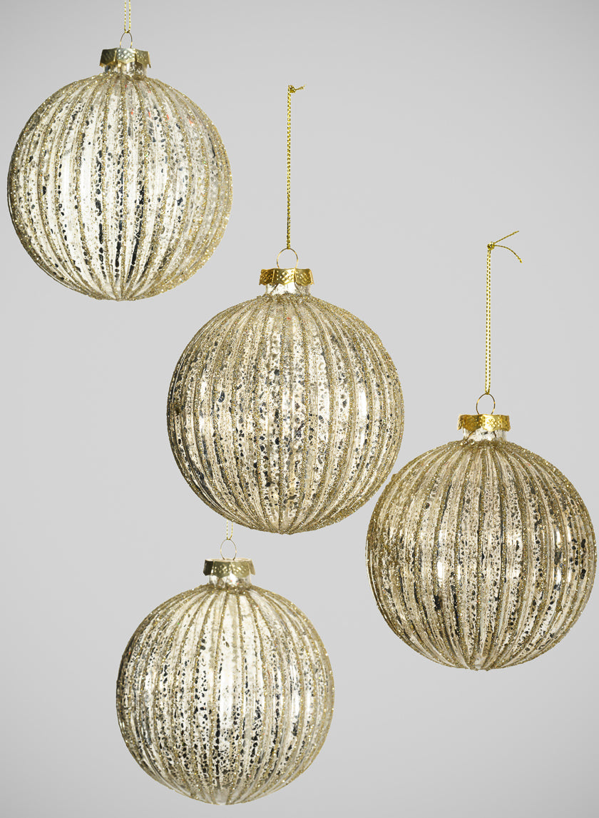 4in Round Gilded Pleated Antique Silver Glass Ornament, Set of 4 Decor Jamaligarden