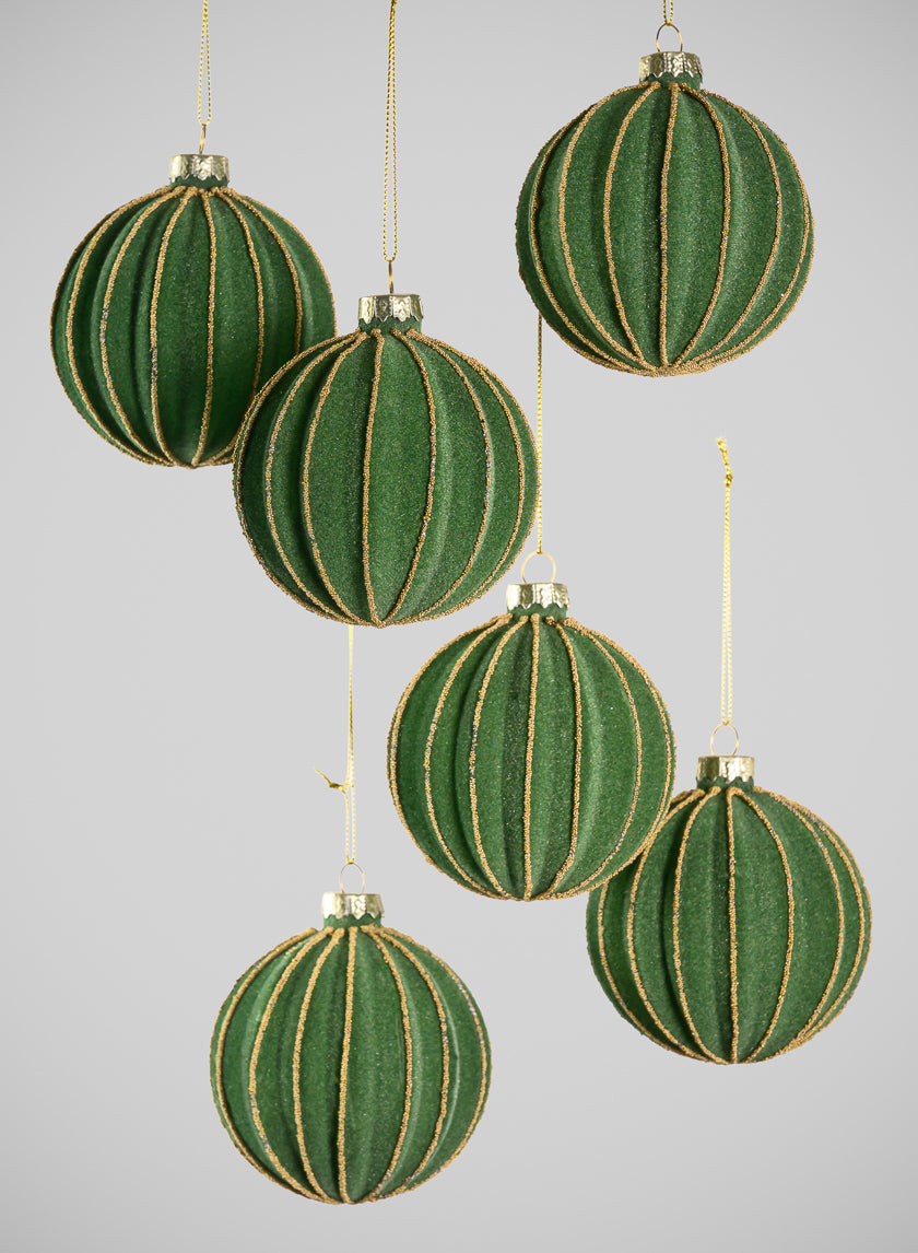 3in Round Gold Lined Christmas Green Velvet Glass Ornament, Set of 6 Decor Jamaligarden