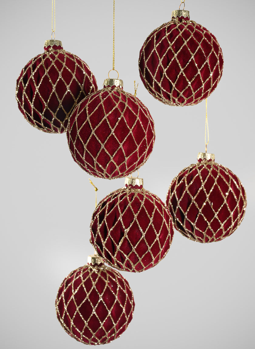 3in Round Gilded Gold Lined Burgundy Velvet Glass Ornament, Set of 6 Decor Jamaligarden