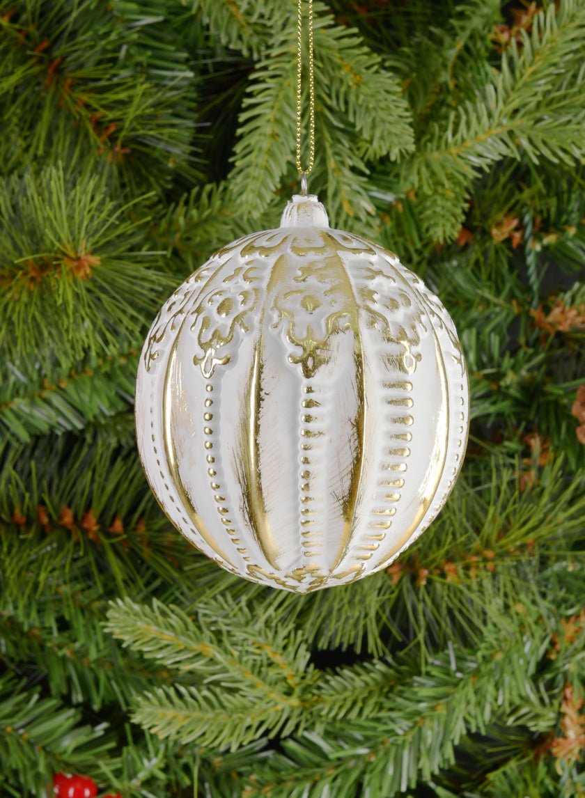 4in Round Royal Etched Gold White Ornament Decor Jamaligarden