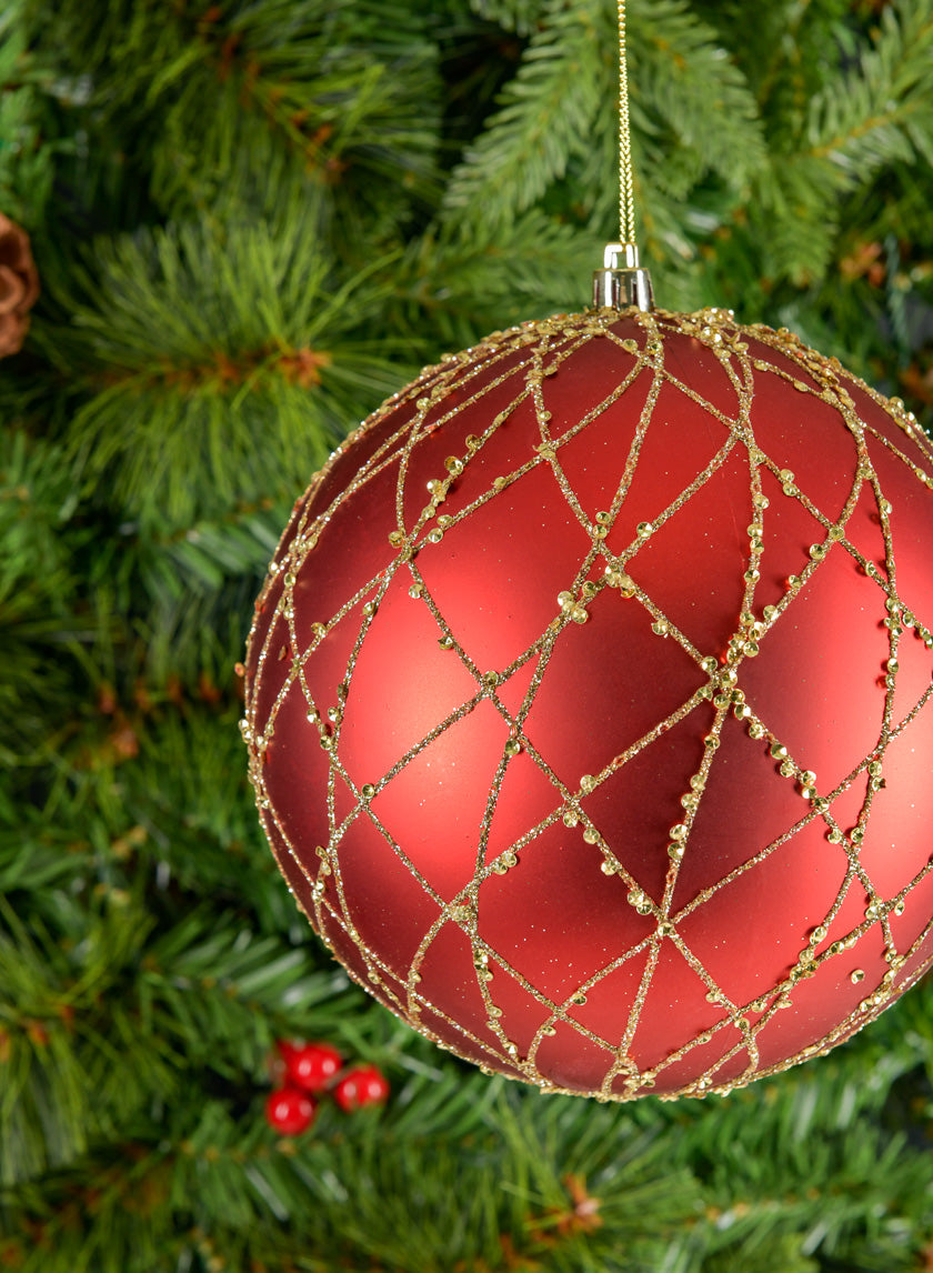 6in Round Matte Red with Gold Glitter Ball Decor Jamaligarden
