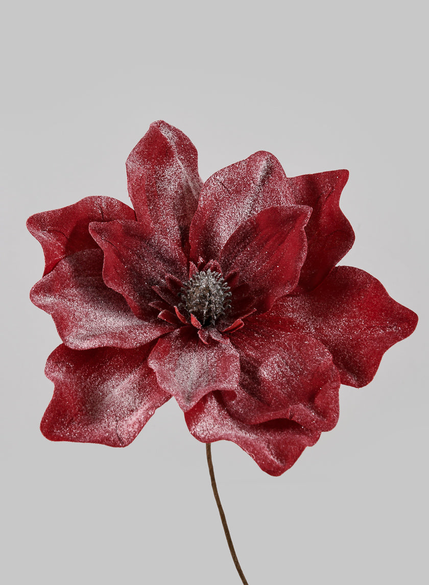 8in Long White Glittered Red Magnolia Pick Decor Jamaligarden