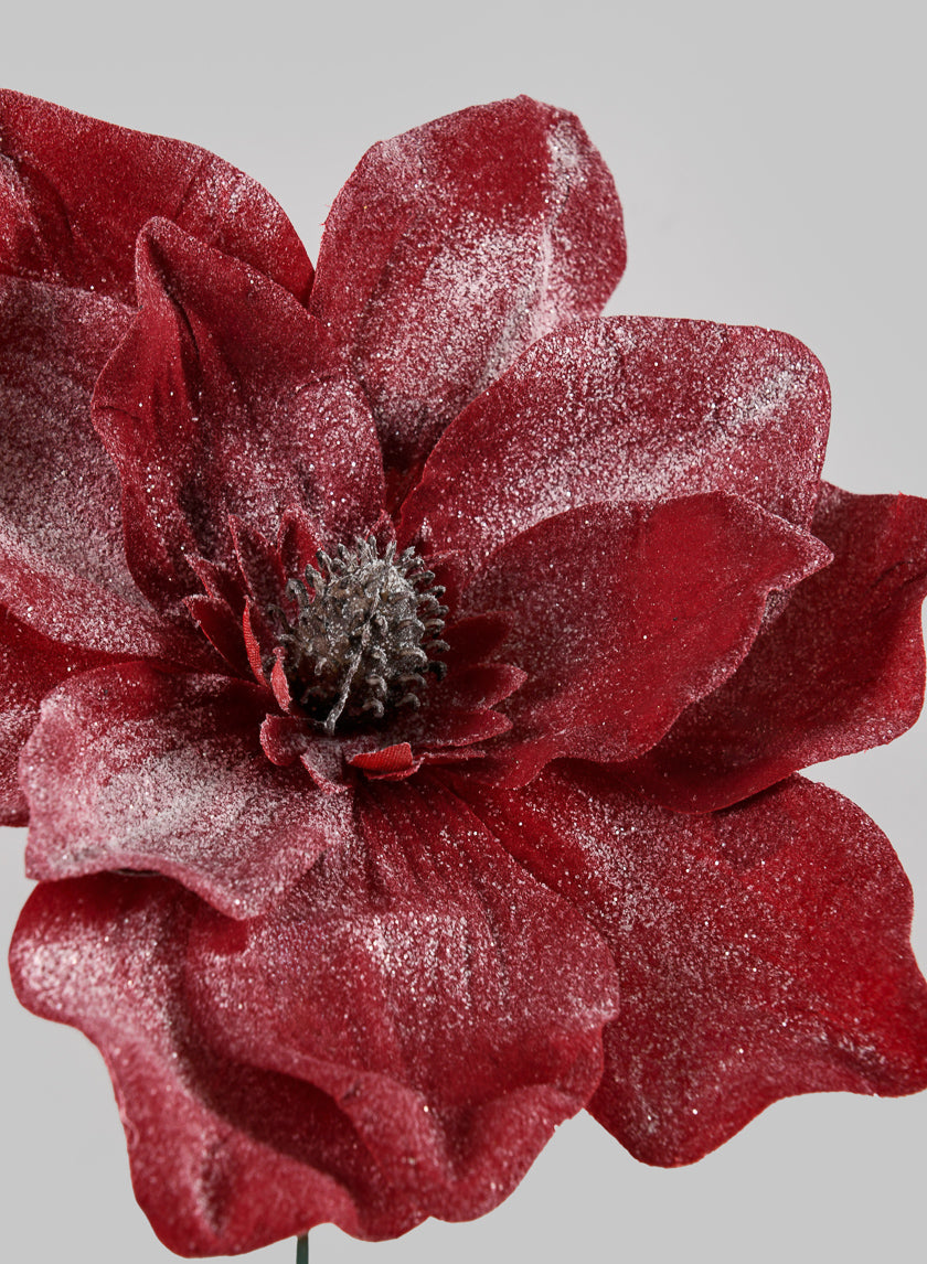 8in Long White Glittered Red Magnolia Pick Decor Jamaligarden