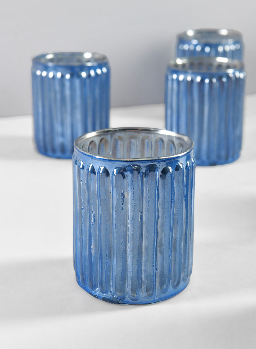 3in Tall La Fete en Antique Blue Glass Votive Holder Decor Jamaligarden