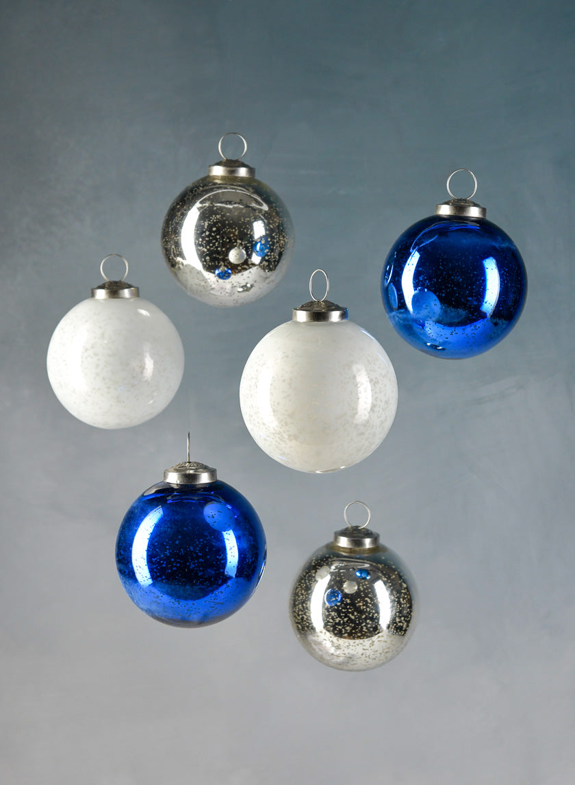 3in Round White Silver &amp; Blue Ornament Balls with Silver Hook Decor Jamaligarden