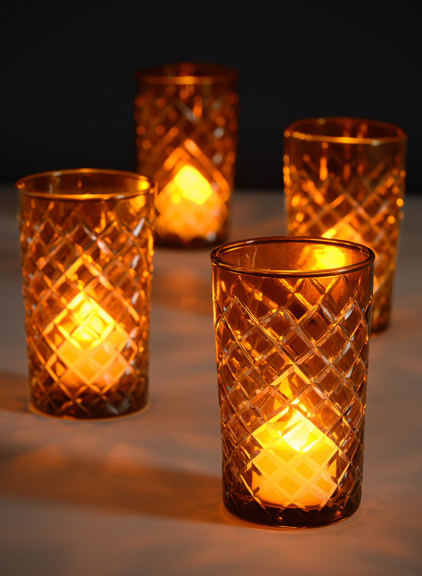 4.5in Tall Almira Amber Cut Glass Squares Votive Holder, Set of 4 Decor Jamaligarden
