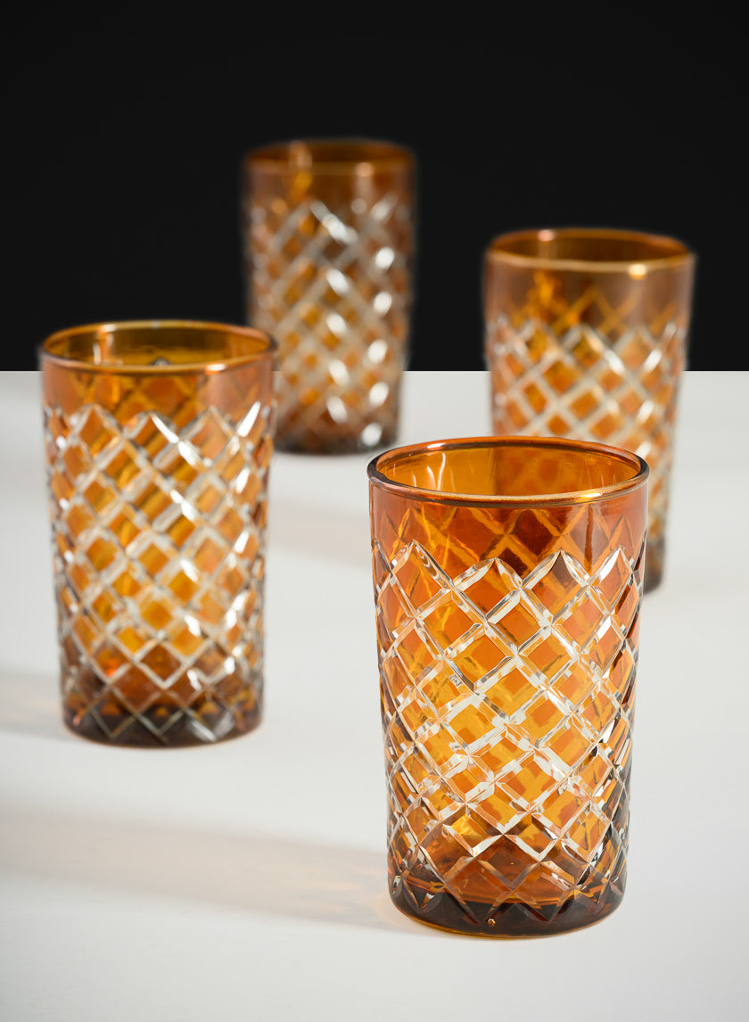 4.5in Tall Almira Amber Cut Glass Squares Votive Holder, Set of 4 Decor Jamaligarden