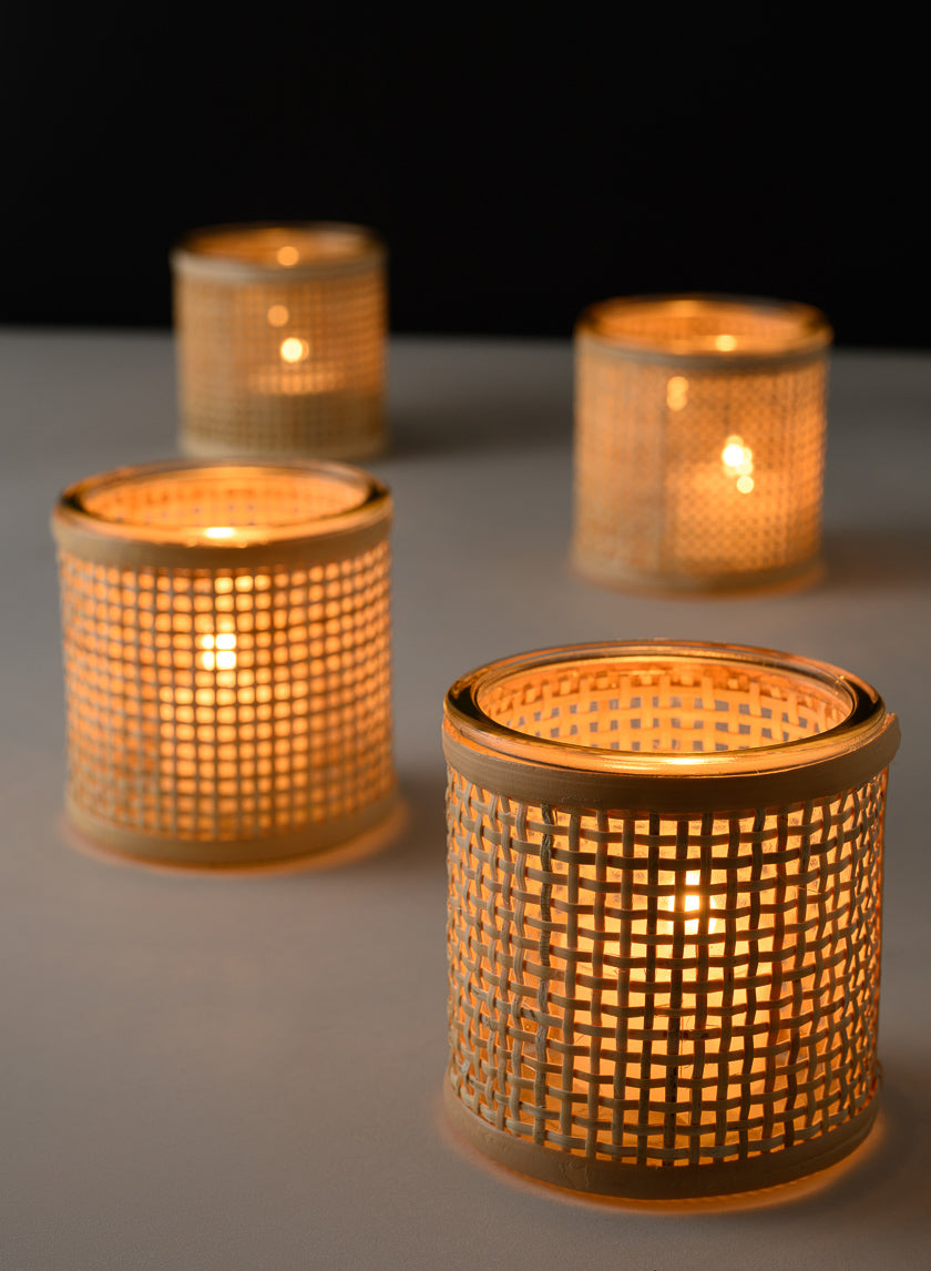 3in Tall Haiphong Cane Weaved Glass Cylinder, Set of 4 Decor Jamaligarden