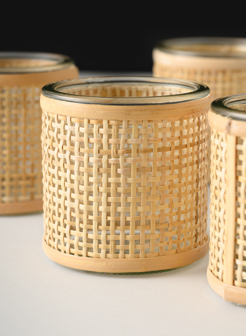 3in Tall Haiphong Cane Weaved Glass Cylinder, Set of 4 Decor Jamaligarden