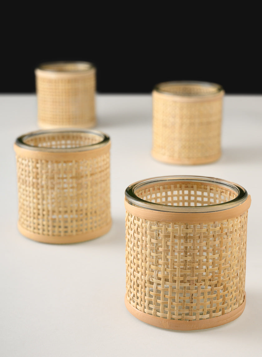 3in Tall Haiphong Cane Weaved Glass Cylinder, Set of 4 Decor Jamaligarden